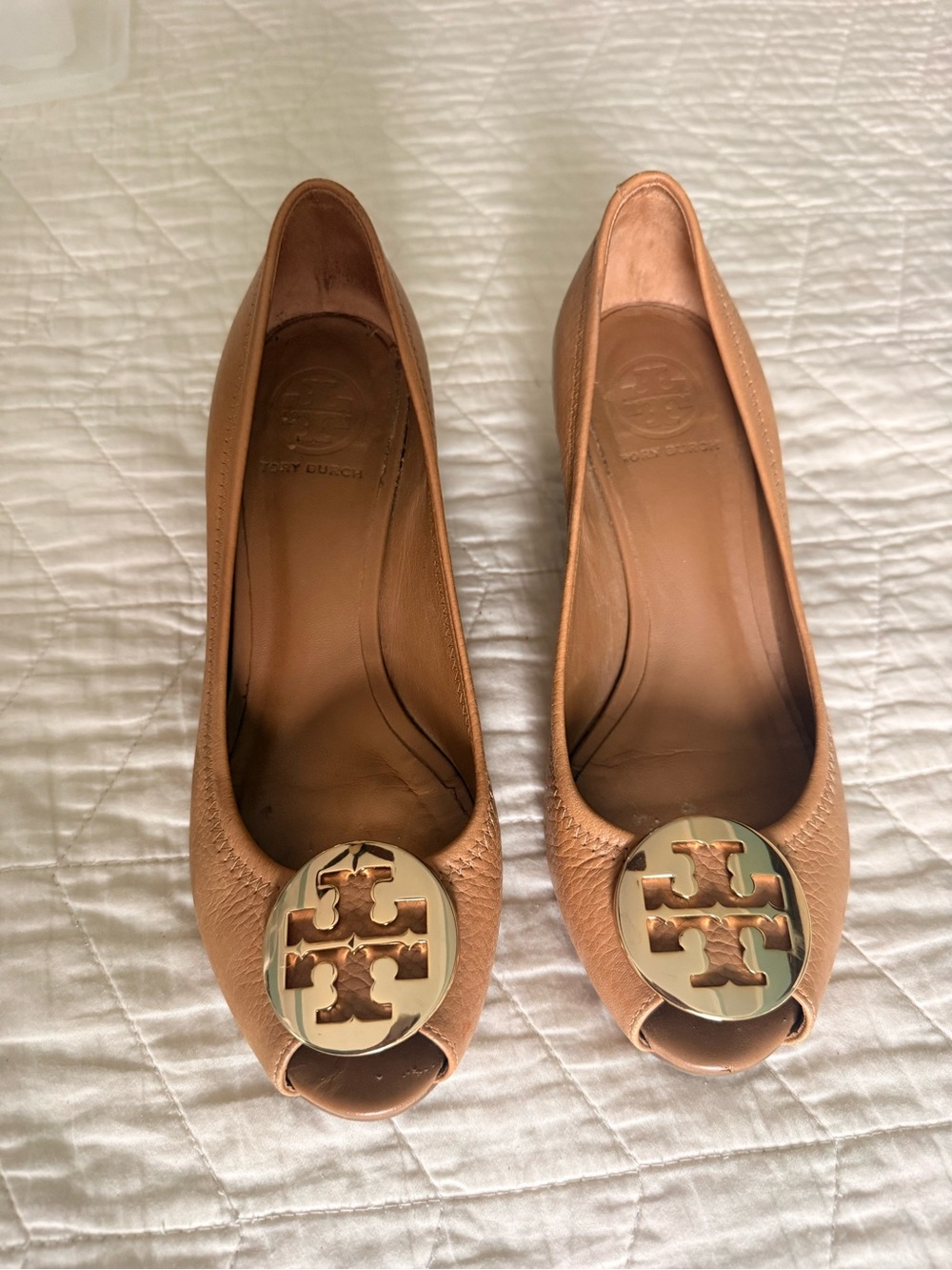 Tory Burch Camel Brown Leather Peep-Toe Wedges with Gold Logo